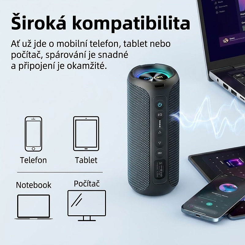Bezdrátový reproduktor OTZ s výkonem 40W, barva černá, podpora bezdrátového Bluetooth, linkového vstupu AUX 3,5 mm, USB portu i slotu na TF karty, kapacita baterie 6600 mAh, IPX7