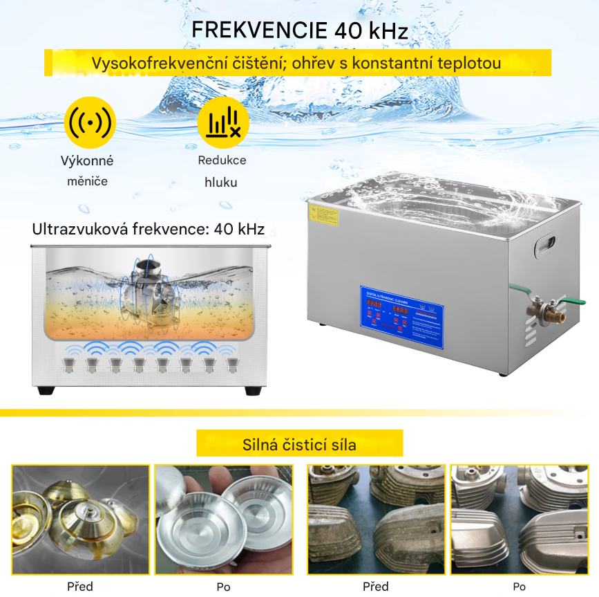 Ultrazvuková čistička s digitálním nastavením teploty a časovačem, objem nádrže 30 litrů, 40 Khz