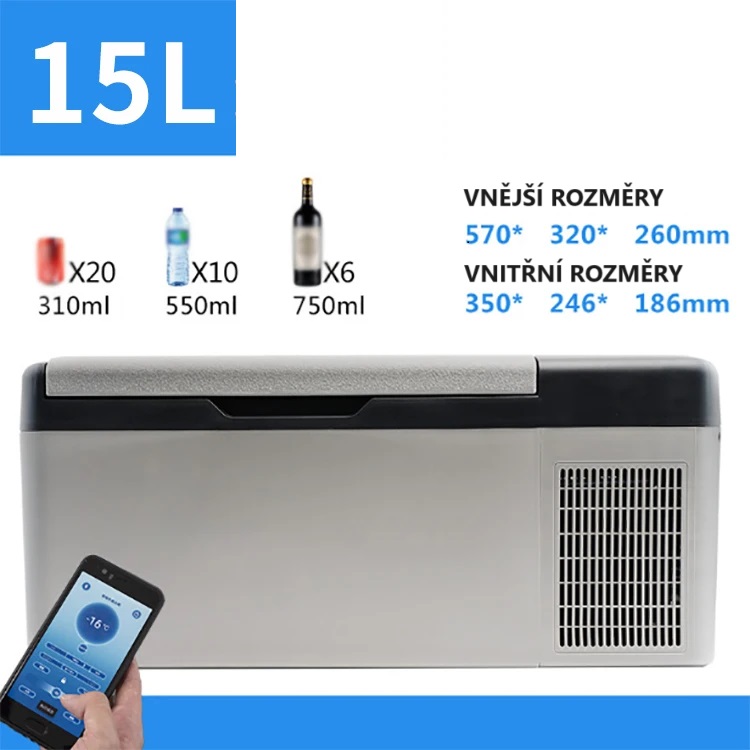 Autochladnička kompresorová, autolednice, objem 15l, napájení 12V, 24V nebo 230V, LCD displej, bluetooth aplikace