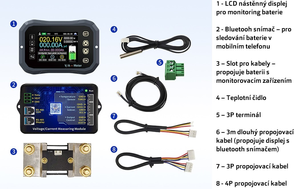 JT Sledovač stavu baterie a odpojovač pro baterie s napětím od 9 do 120V, proudová zátěž max. 600A, barevný displej, bluetooth aplikace, barva černá