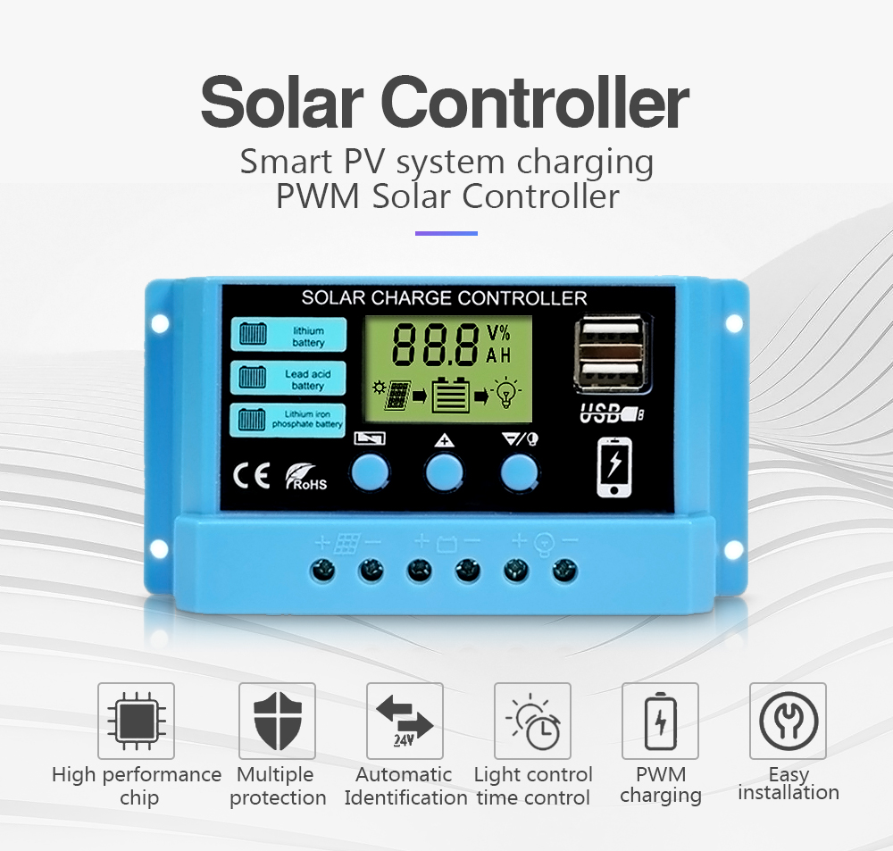 Solární regulátor PWM 30A, LCD display, 2x výstup USB, pro LiFePO4, li-ion a olověné baterie, pro baterie 12V nebo 24V