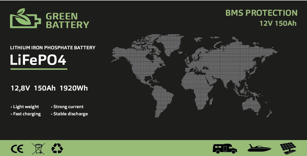 Baterie LiFePO4 12,8V 150Ah, 1920Wh, Lithium-železo-fosfátová baterie, BMS
