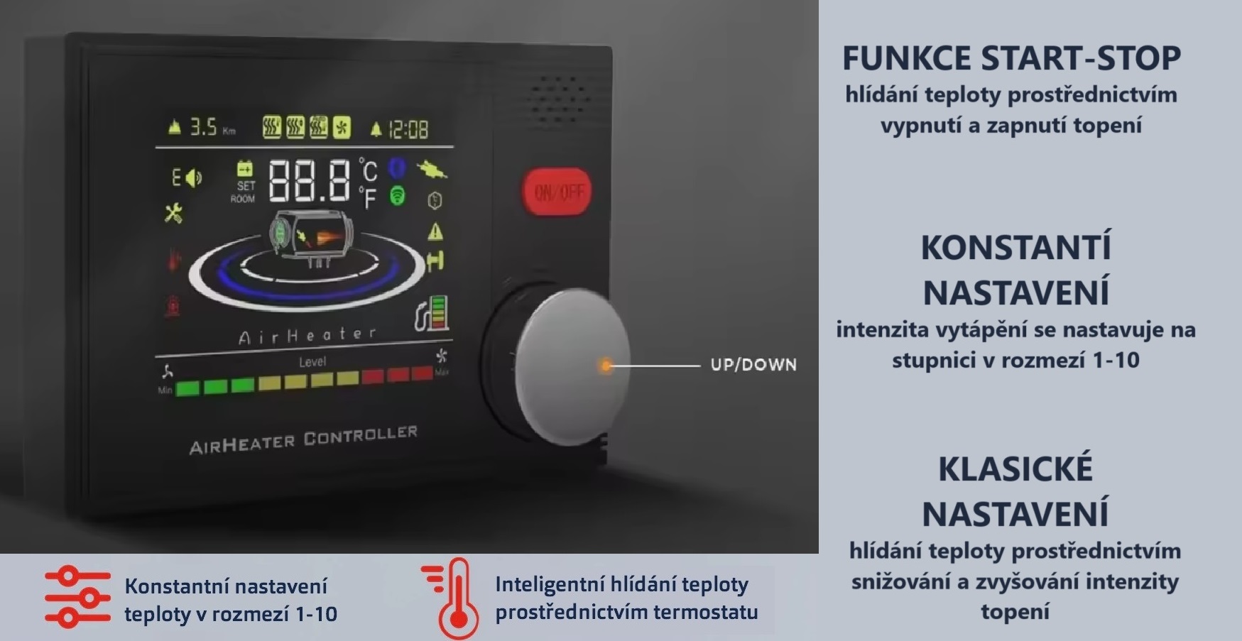 XL-AIRD Nezávislé topení 5kW včetně instalační sady, černý LCD ovladač nová verze, černý dálkový ovladač, 12V nebo 24V automatická volba, tiché čerpadlo, Bluetooth aplikace