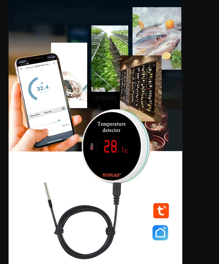 Wifi smart teplotní senzor s digitálním displejem a vzdáleným kabelovým senzorem 1m, rozsah měření -40°C - 120°C
