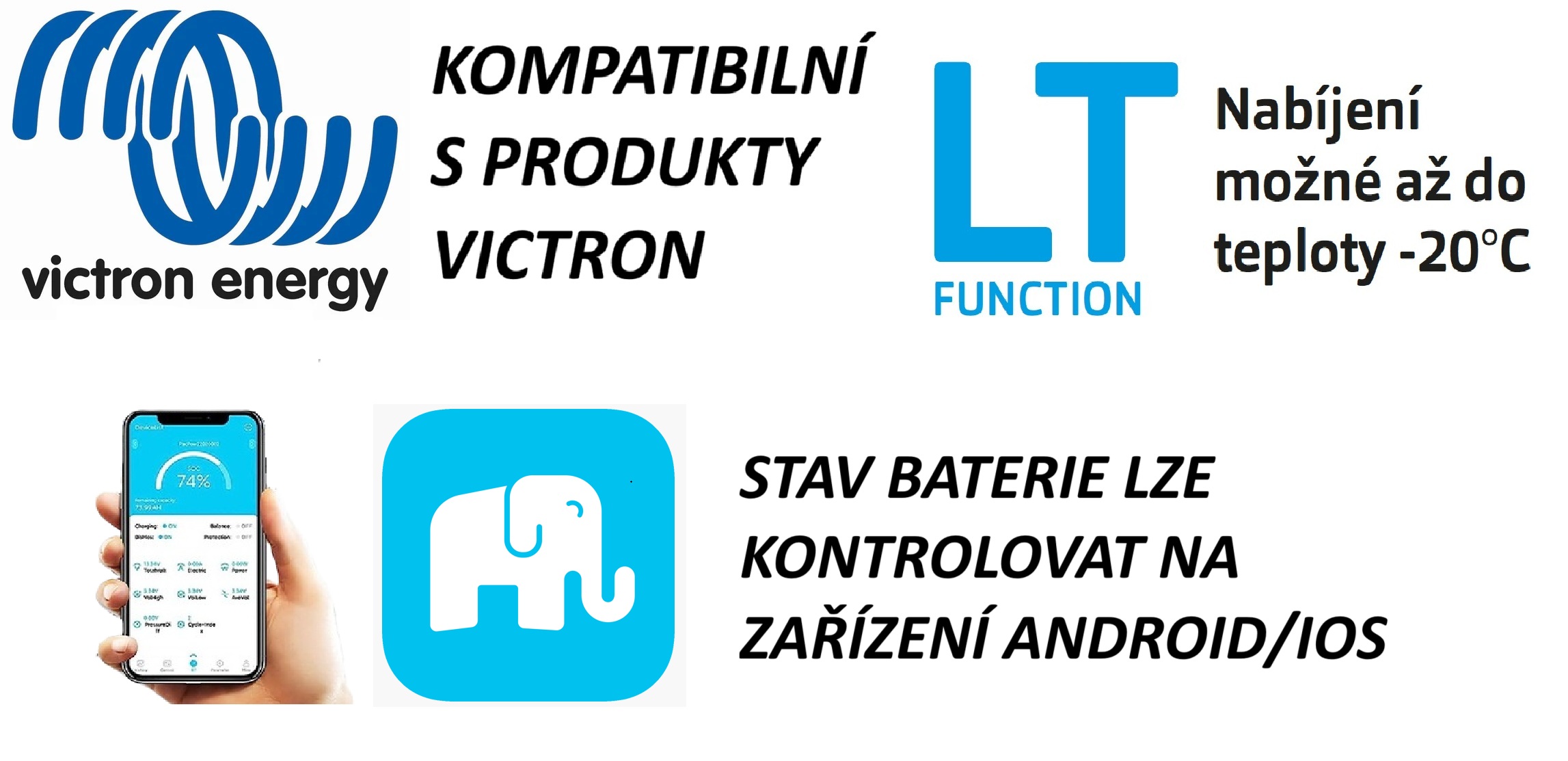 Baterie LiFePO4 12,8V 200Ah, 2560Wh,  bluetooth smart BMS, funkce ohřevu, IP67, možnost propojení s Victron Cerbo CAN/RS485 com port, Lithium-železo-fosfátová baterie