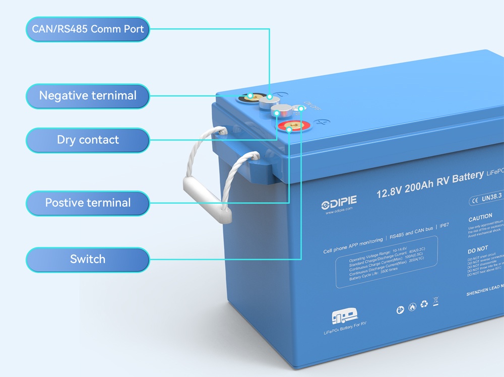 Baterie LiFePO4 12,8V 200Ah, 2560Wh, bluetooth smart BMS, funkce ohřevu, IP67, možnost propojení s Victron Cerbo CAN/RS485 com port, Lithium-železo-fosfátová baterie