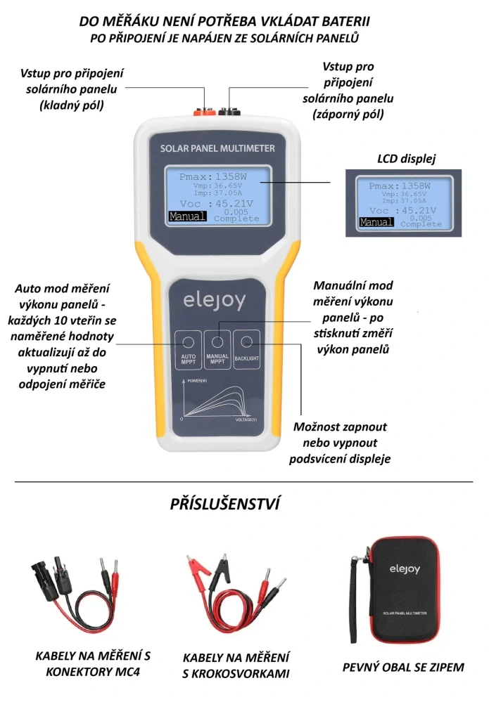 Solární multimetr, měřák výkonu solárních panelů, rozsah měření 5-800W a 0-35A