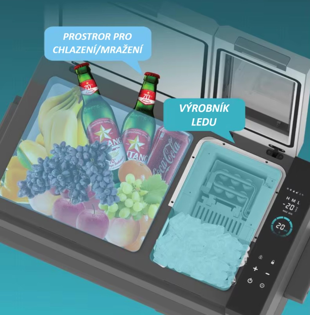 Autochladnička kompresorová s výrobníkem ledu, autolednice, objem 42l, napájení 12V, 24V nebo 230V, LCD displej, výrobník ledu