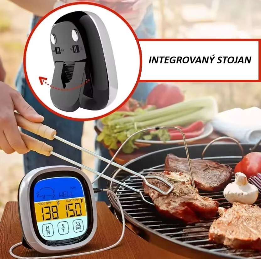  Grilovací kuchyňský teploměr digitální s dotykovým displejem a magnety na zadní straně, délka externí sondy 170mm