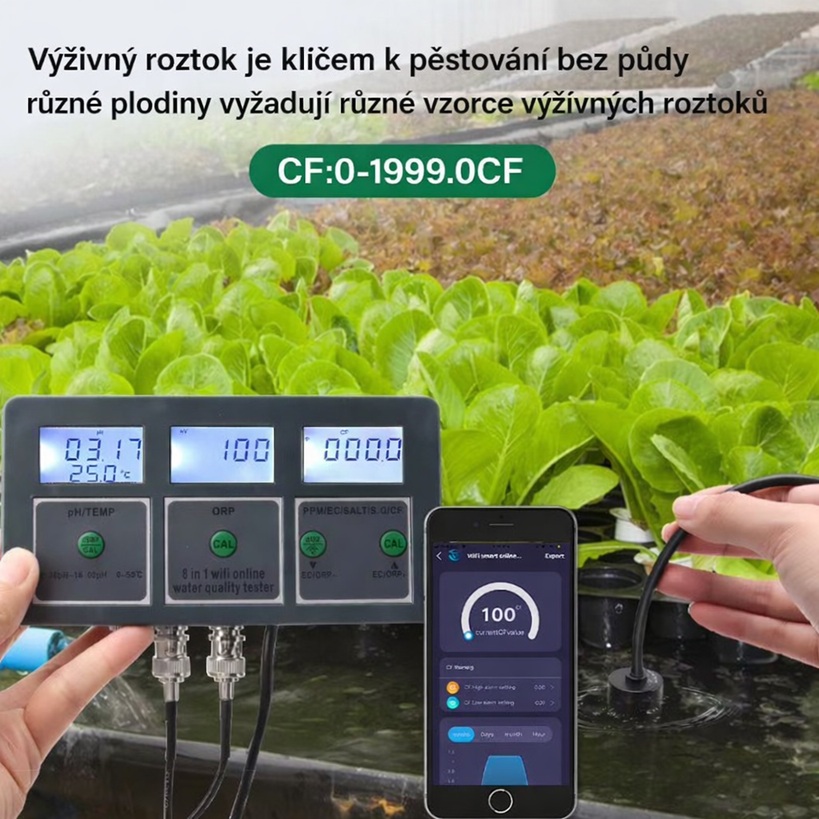 Online Wifi monitor kvality vody pro akvária nebo hydroponické systémy, měření PH a EC, možnost vzdáleného sledování