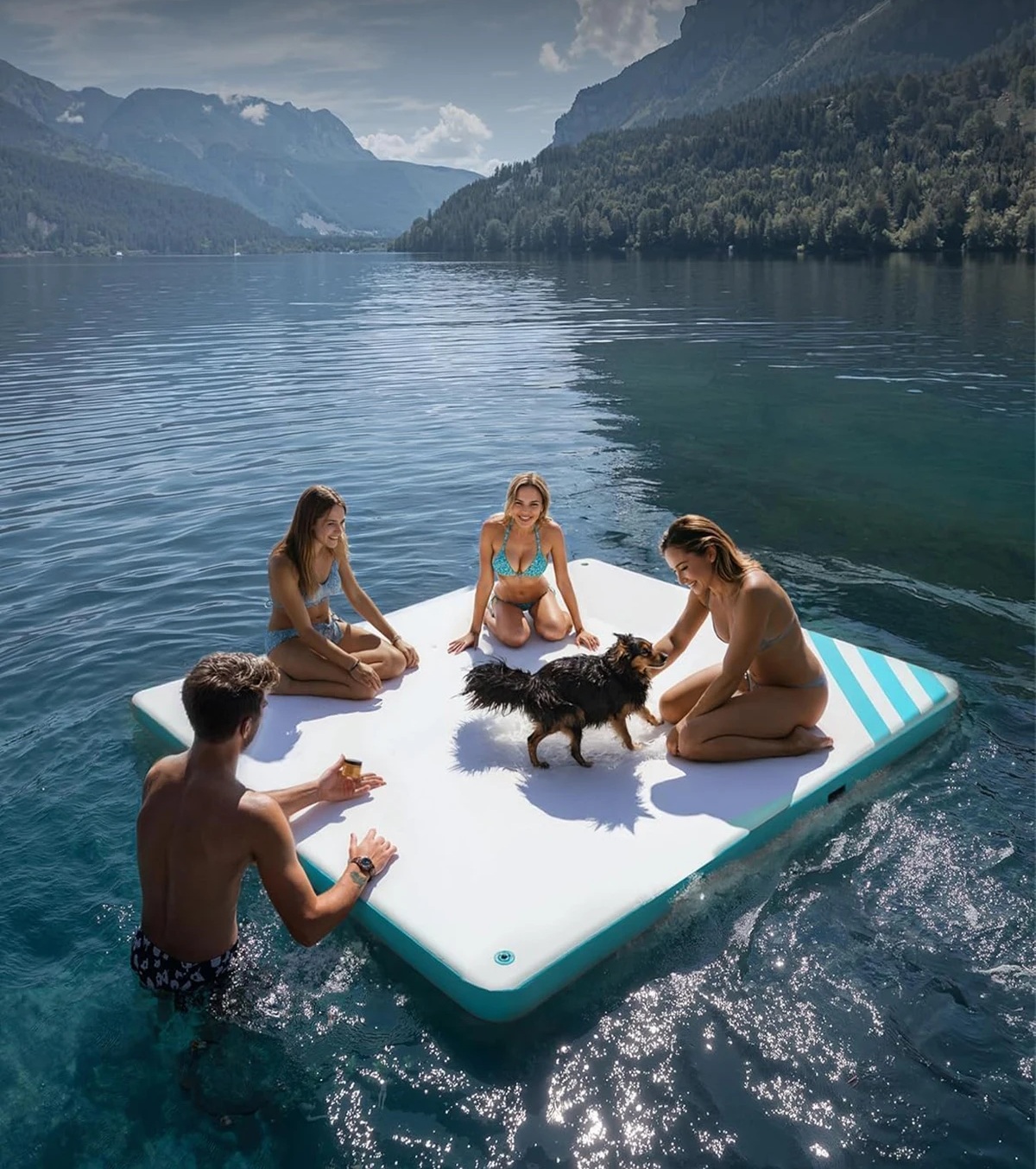 Nafukovací plovoucí molo / dok 300 x 300 cm s protiskluzovým povrchem, vysoká pevnost a nosnost, nafukovací ventil typu H-R (paddleboard)