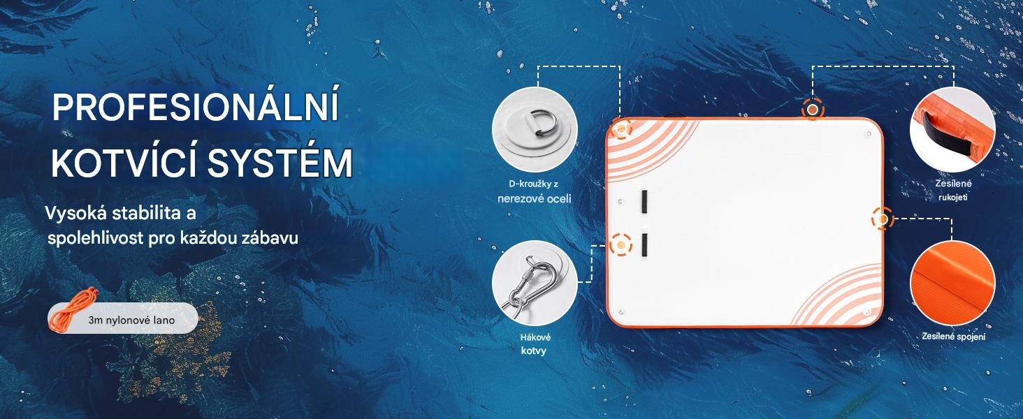 Nafukovací plovoucí molo / dok 304 x 243 cm s protiskluzovým povrchem, vysoká pevnost a nosnost, nafukovací ventil typu H-R (paddleboard)