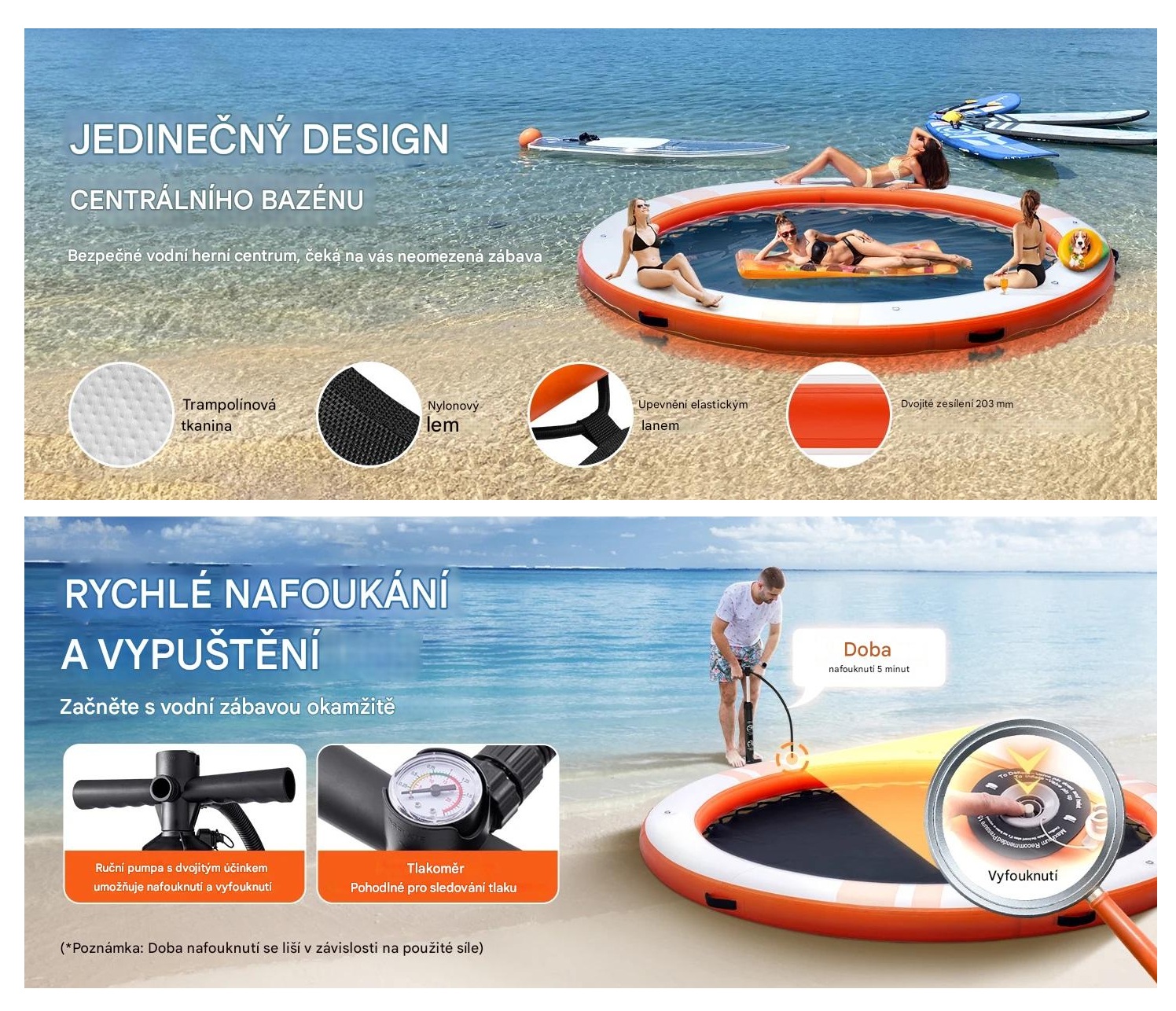Nafukovací plovoucí molo / dok kruhový průměr 304 cm s protiskluzovým povrchem, vysoká pevnost a nosnost, nafukovací ventil typu H-R (paddleboard)