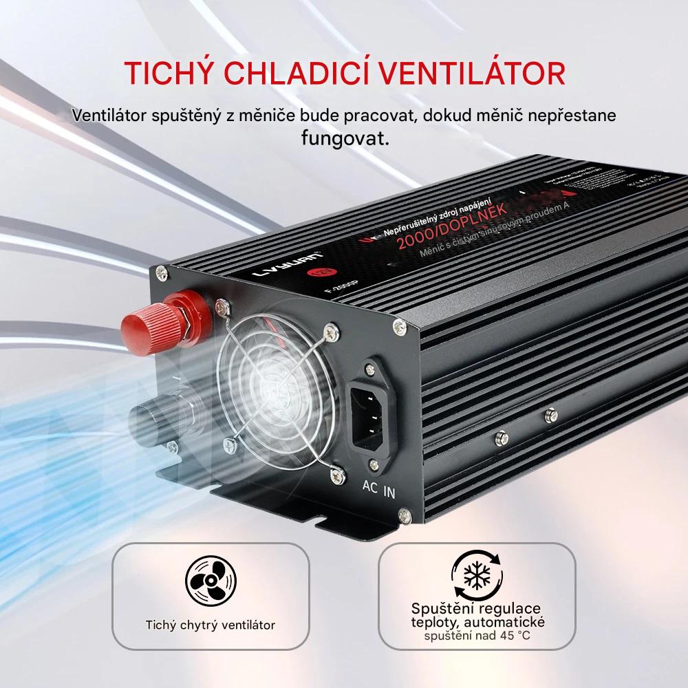 Měnič napětí z 12/230V 2000W, integrovaný displej s měřením napětí 12V a 230V, záložní zdroj UPS s čistou sinusoidou