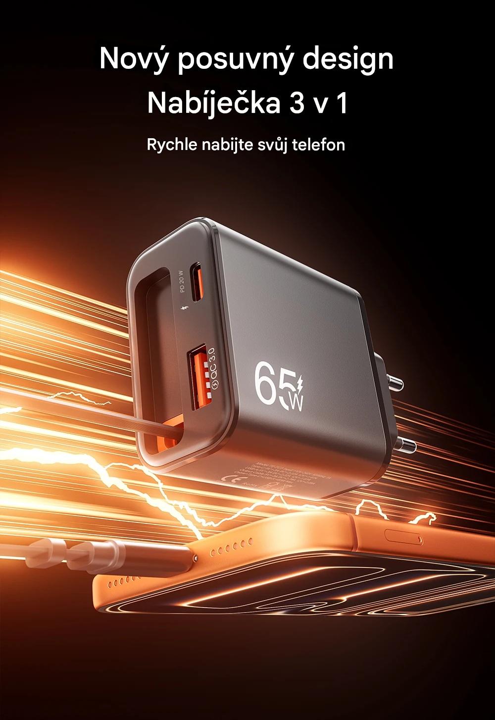Rychlonabíječka 3-v-1 se zatahovacím kabelem 65W USB-C a USB-A černá
