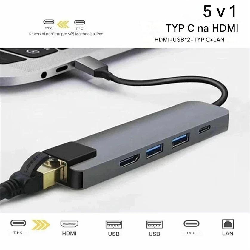 Kompaktní USB-C Hub 5-v-1 s RJ45 Ethernetem a 4K HDMI