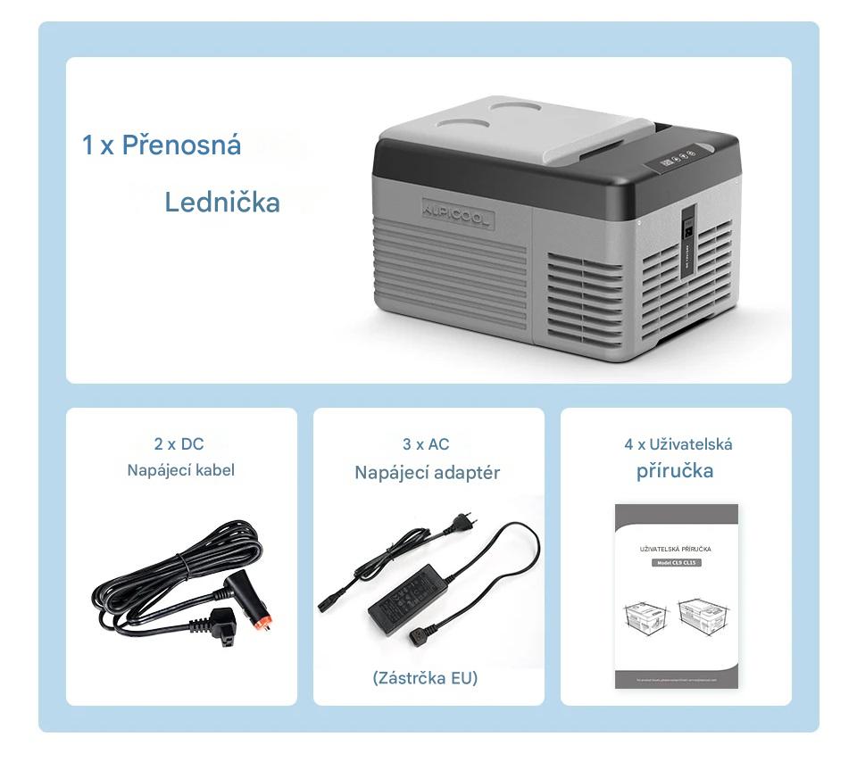 Autochladnička kompresorová Alpicool, autolednice, objem 9l, napájení 12V, 24V nebo 230V, LCD displej, šedá
