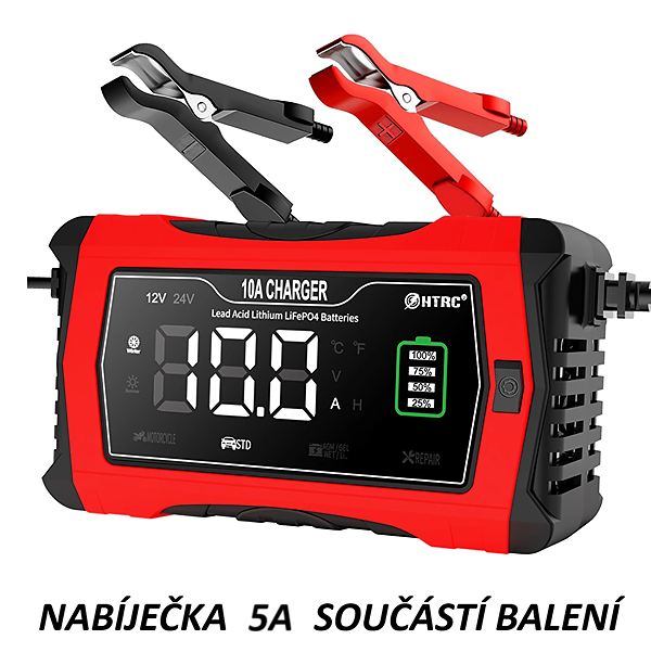 Baterie LiFePO4 25,6V (24V) 100Ah, 2560Wh, Lithium-železo-fosfátová baterie, BMS, délka 485mm, včetně nabíječky 5A