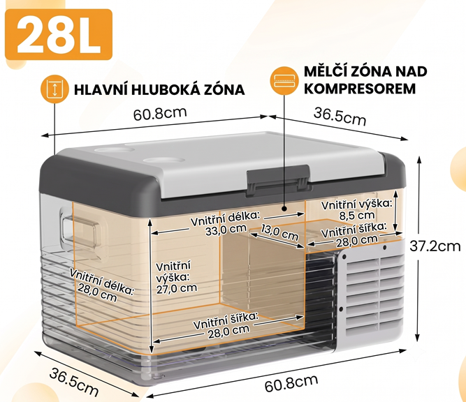 Autochladnička Alpicool kompresorová, autolednice, objem 29l, napájení 12V, 24V nebo 230V, LCD displej