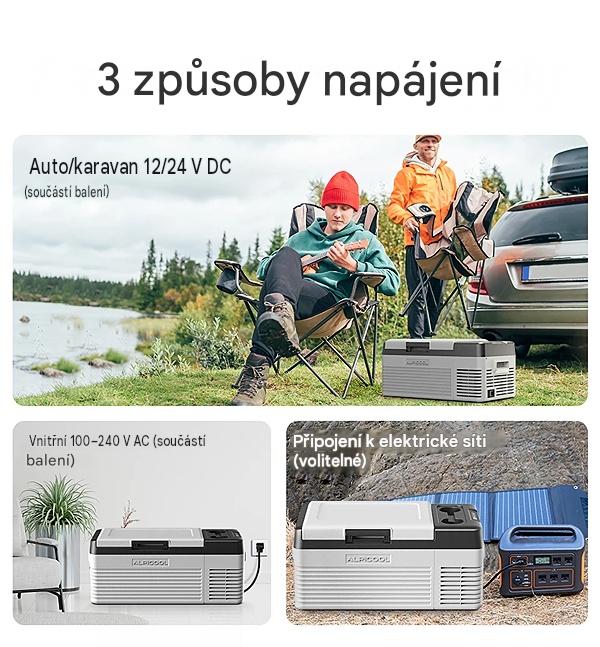 Autochladnička kompresorová Alpicool, autolednice, objem 15l, napájení 12V, 24V nebo 230V, LCD displej, bluetooth aplikace