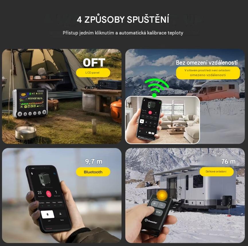 XL-AIRD Nezávislé topení 5kW včetně instalační sady, černý LCD ovladač nová verze, černý dálkový ovladač, 12V nebo 24V automatická volba, tiché čerpadlo, Bluetooth aplikace, wifi vzdálené ovládání