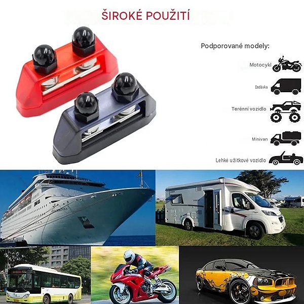 Propojovací terminál 2xM8 silová sběrnice (Bus Bar) 250 A / 48 V – rozvodný blok z pocínované mědi - červený