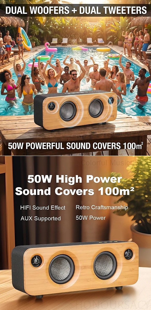 Bezdrátový reproduktor EPPE s výkonem 50W, barva přírodní bambus, podpora bezdrátového Bluetooth, linkového vstupu AUX 3,5 mm, USB portu i slotu na TF karty
