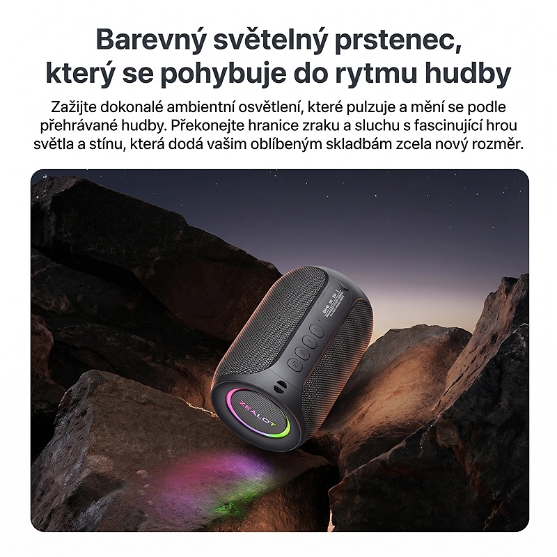 Bezdrátový reproduktor ZEO s výkonem 15W, barva černá, podpora bezdrátového Bluetooth, linkového vstupu AUX 3,5 mm, USB portu i slotu na TF karty, kapacita baterie 3000 mAh