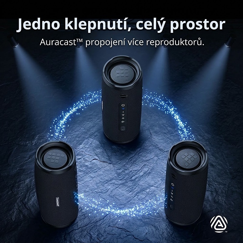 Bezdrátový reproduktor OTZ s výkonem 50W, barva černá, podpora bezdrátového Bluetooth, linkového vstupu AUX 3,5 mm, USB portu i slotu na TF karty, kapacita baterie 5200 mAh, IPX7