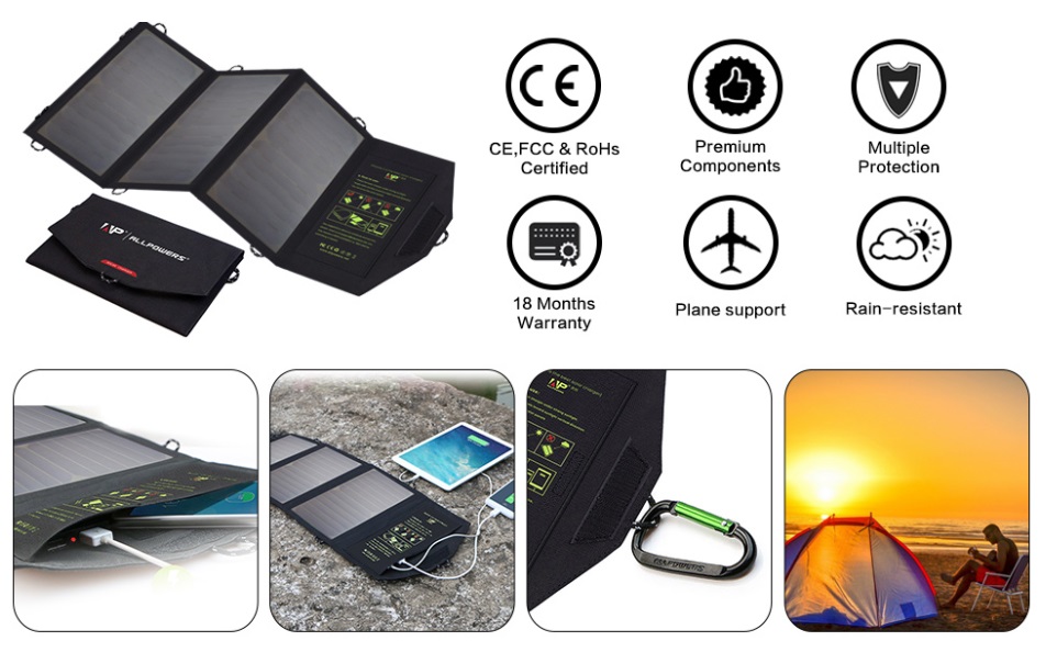 ALLPOWERS 21W, 18V, přenosný solární panel, solární nabíječka na 12V autobaterie, USB konektor