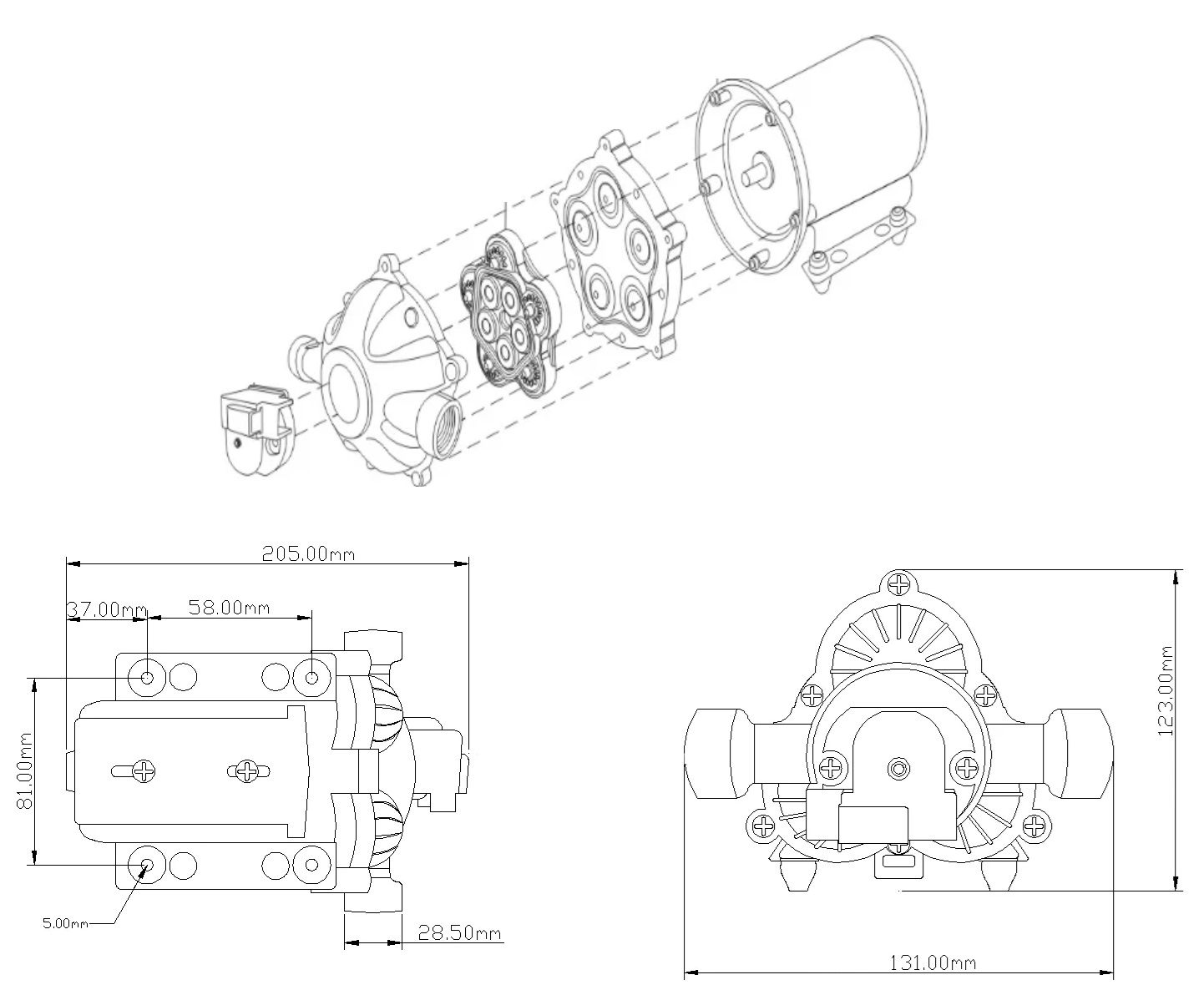 Tlakové membránové čerpadlo 26l/min, tlak 60PSI (4,2bar), napájení 12V, Seaflo