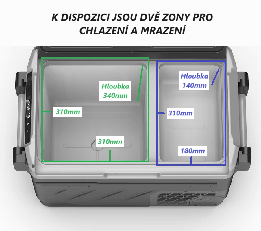 Autochladnička kompresorová dvouzonová, autolednice, objem 40l, napájení 12V, 24V nebo 230V, LCD displej, bluetooth aplikace, šedá