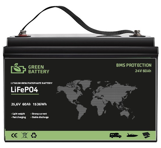 Baterie LiFePO4 25,6V (24V) 60Ah, 1540Wh, včetně nabíječky 5A, Lithium-železo-fosfátová baterie, BMS