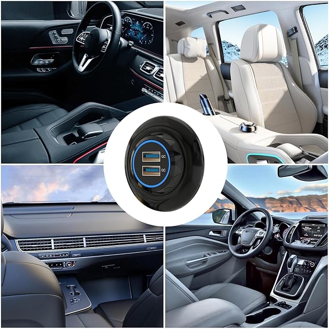 Duální USB nabíječka zásuvka pro nabíjení do karavanu 2x QC3 12V, kulatá