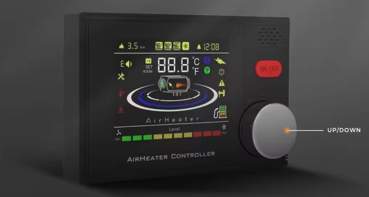 XL-AIRD Nezávislé topení 5kW včetně instalační sady, černý LCD ovladač nová verze, černý dálkový ovladač, 12V nebo 24V automatická volba, tiché čerpadlo, Bluetooth aplikace