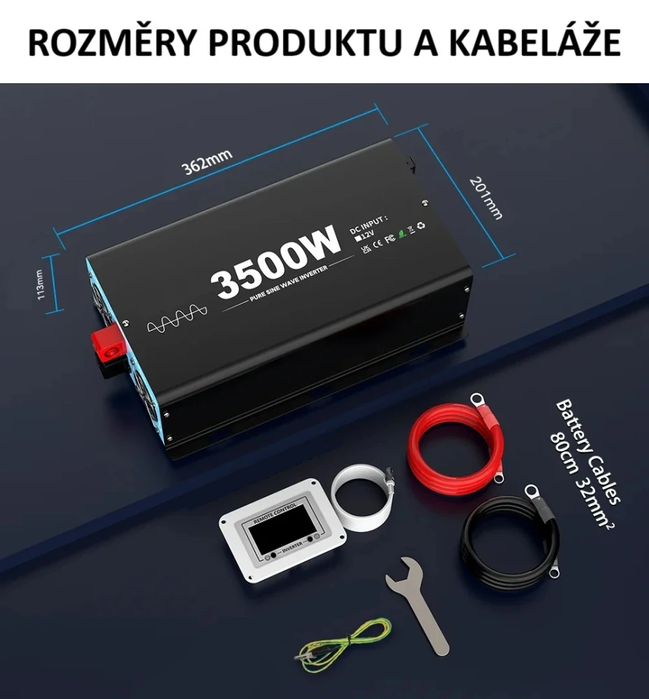 Měnič napětí z 12/230V 3500W, porty USB, PD 30W,  vzdálený kontrolní panel, čistý sinus