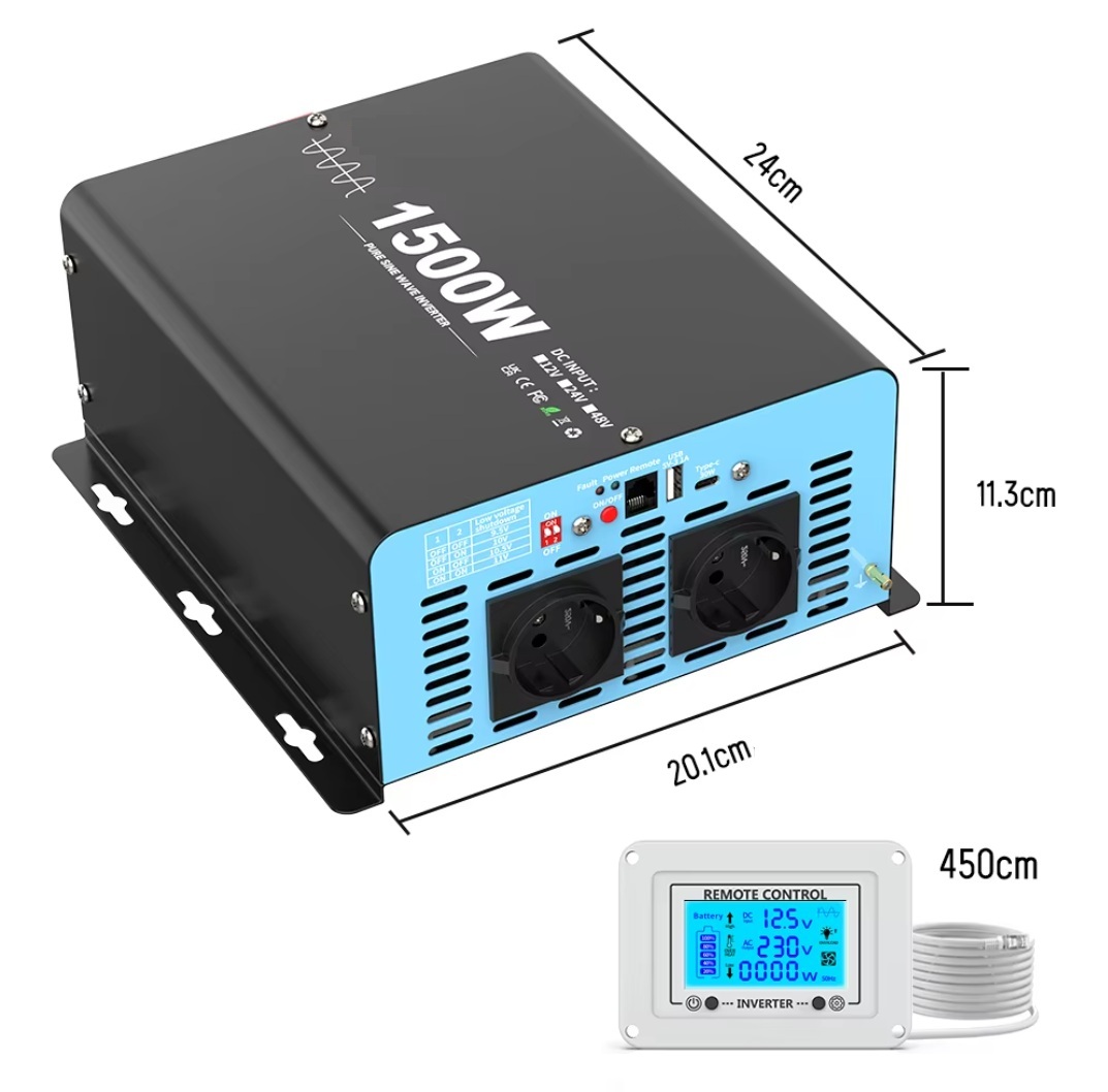 Měnič napětí z 12/230V 1500W, porty USB, PD 30W,  vzdálený kontrolní panel, čistý sinus