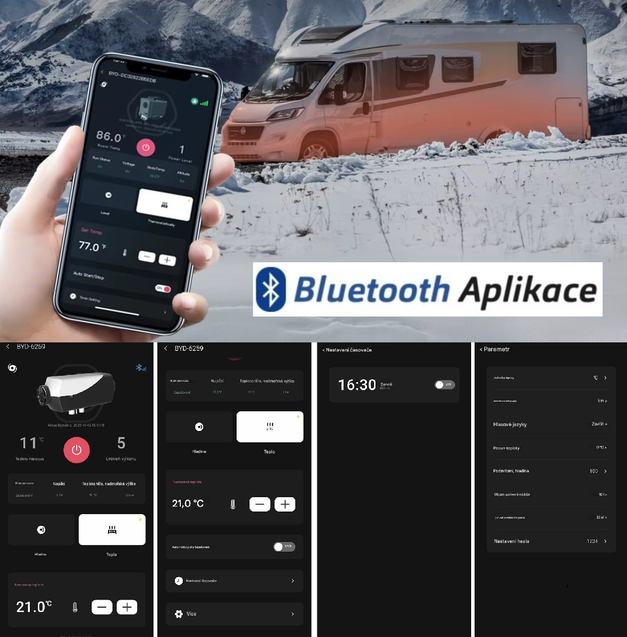 XL-AIRD Nezávislé topení 5kW včetně instalační sady, černý LCD ovladač nová verze, dálkový ovladač, 12V, Bluetooth aplikace