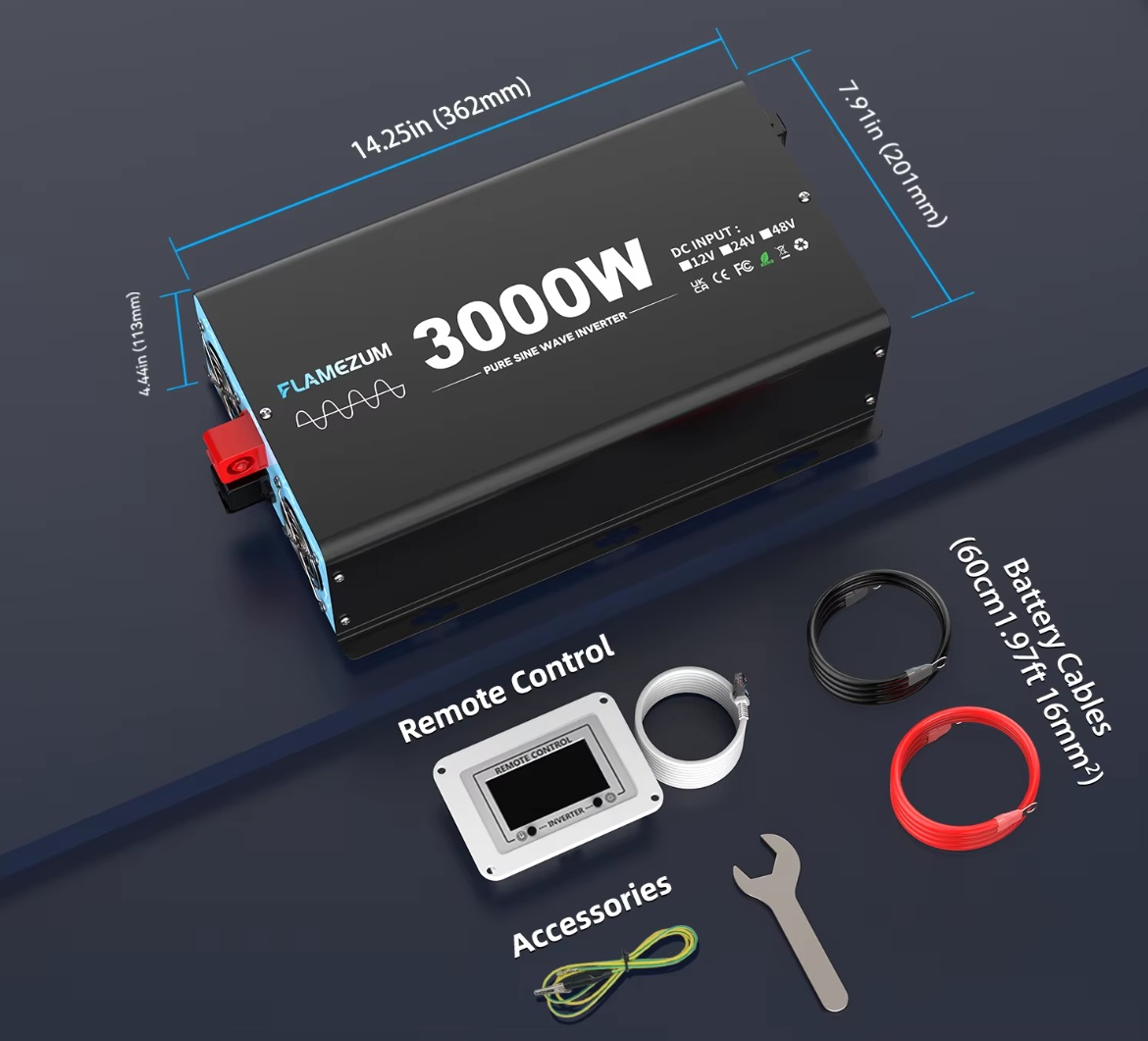 Měnič napětí z 12/230V 3000W, porty USB, PD 30W,  vzdálený kontrolní panel, čistý sinus