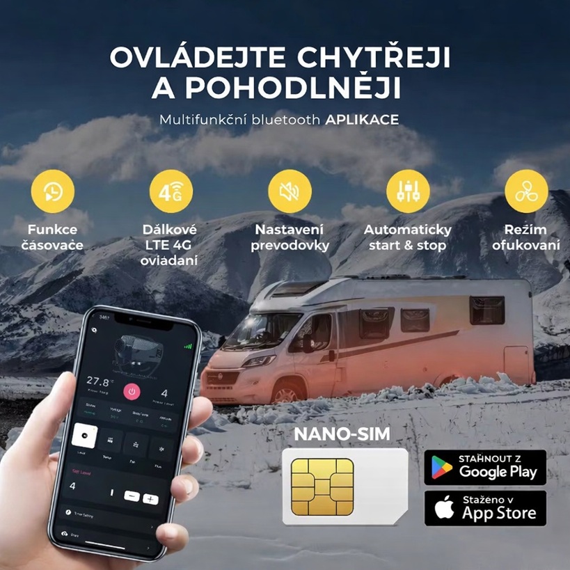 XL-AIRD Nezávislé topení 5kW včetně instalační sady, LTE / 4G displej, 12V nebo 24V automatická volba, možnost připojení pomocí mobilní sítě + datová SIM karta zdarma