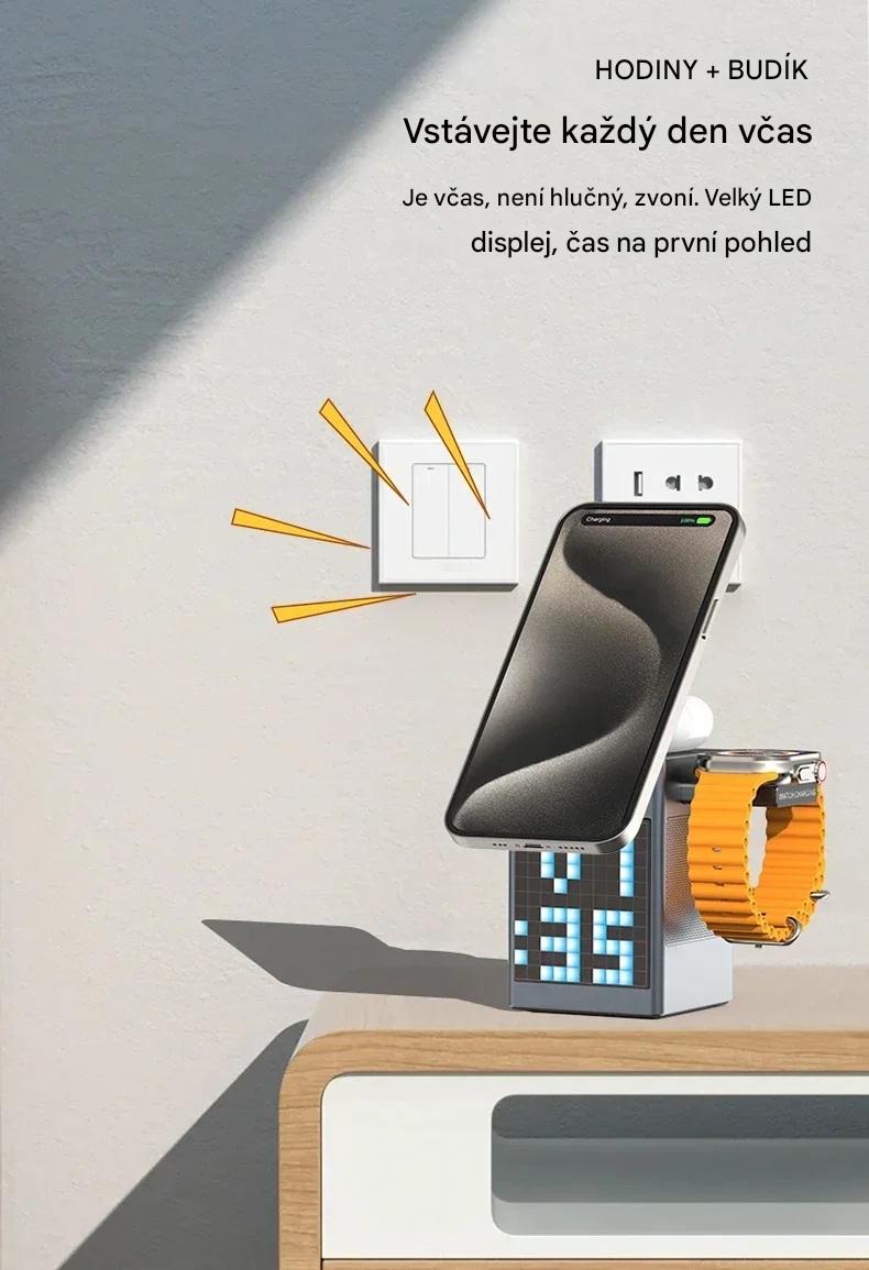MagSafe Nabíjecí Stanice 6v1 s Budíkem a Bluetooth Reproduktorem