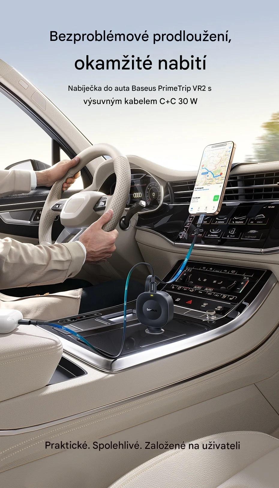 Autonabíječka 2x30W se zatahovacím USB-C kabelem pro rychlé nabíjení telefonů