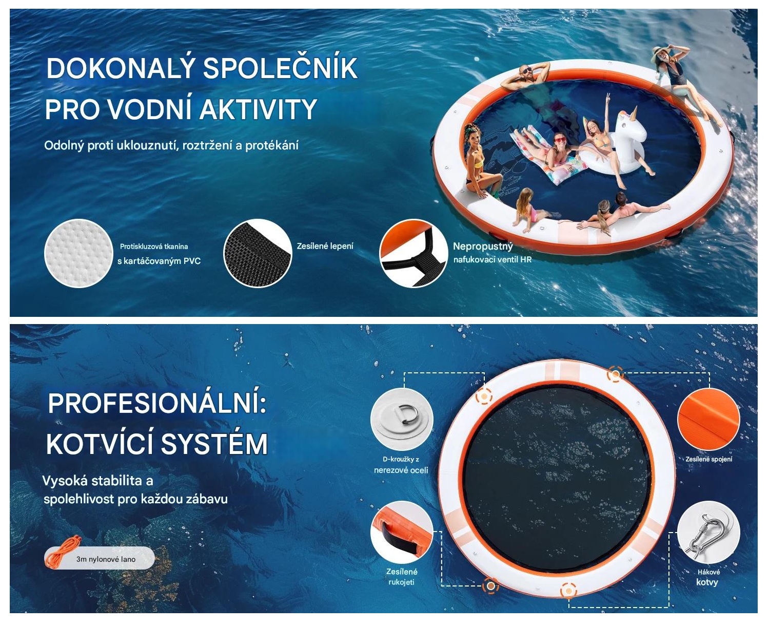 Nafukovací plovoucí molo / dok kruhový průměr 304 cm s protiskluzovým povrchem, vysoká pevnost a nosnost, nafukovací ventil typu H-R (paddleboard)