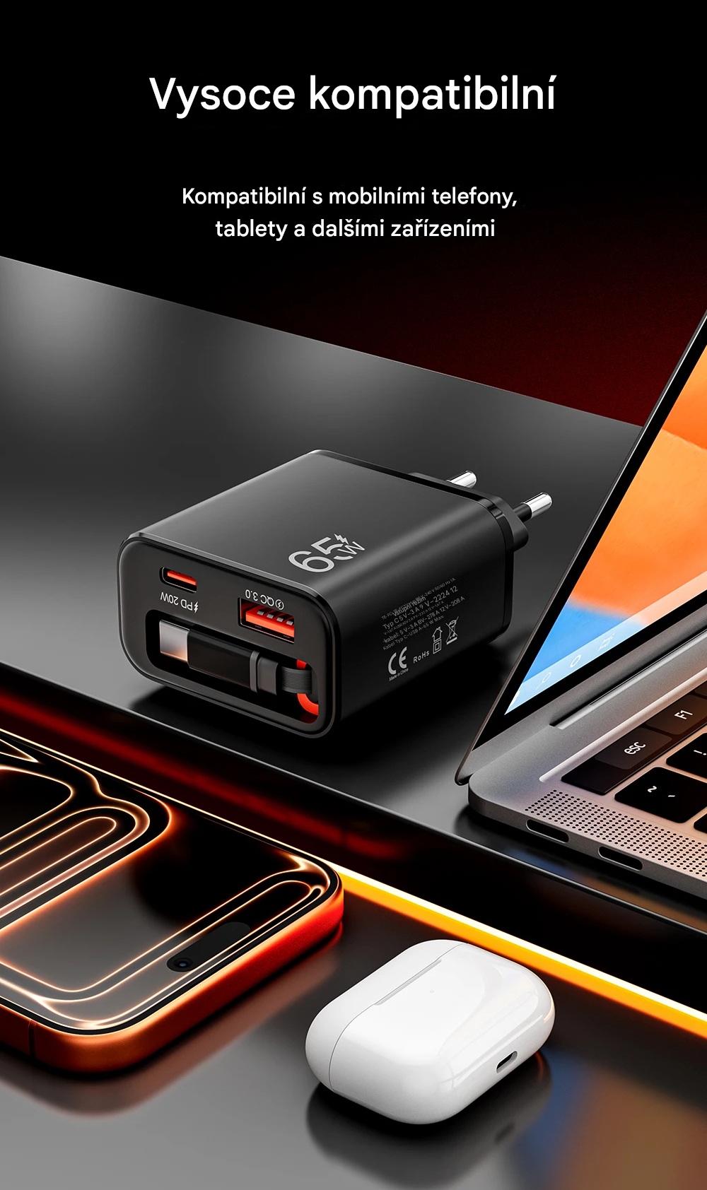 Rychlonabíječka 3-v-1 se zatahovacím kabelem 65W USB-C a USB-A černá