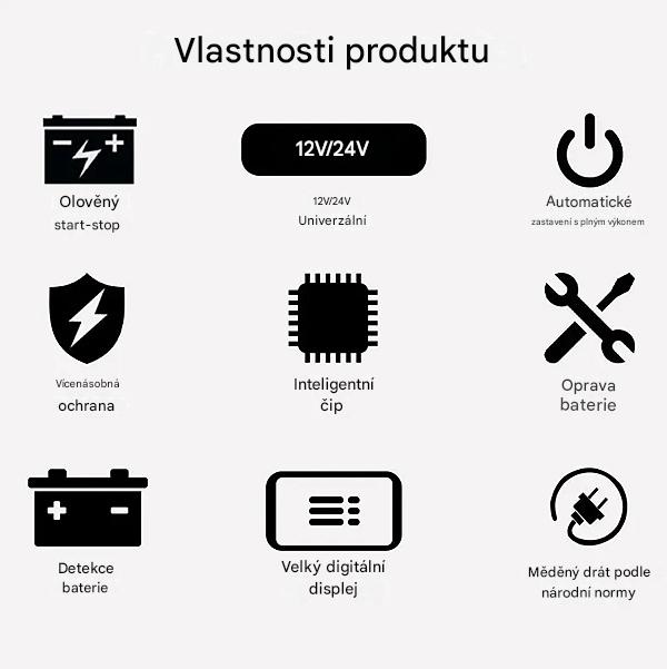 Inteligentní autonabíječka 12V/24V s LCD a funkcí opravy baterie