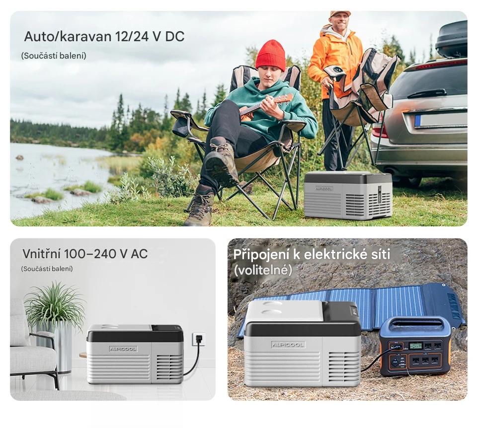 Autochladnička kompresorová Alpicool, autolednice, objem 9l, napájení 12V, 24V nebo 230V, LCD displej, šedá