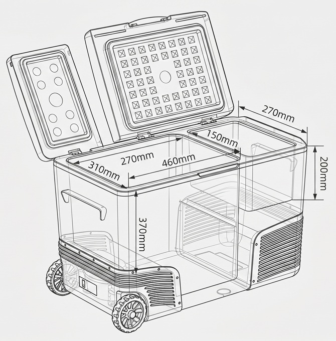 Autochladnička kompresorová Alpicool, dvouzonová autolednice, objem 40l, napájení 12V, 24V nebo 230V, LCD displej, Bluetooth aplikace