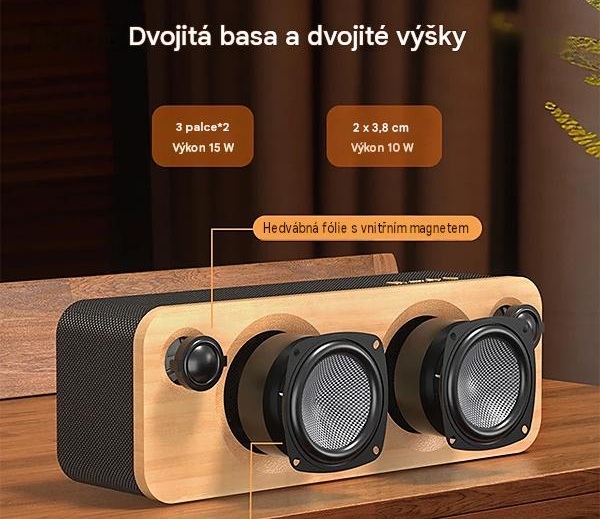 Bezdrátový reproduktor EPPE s výkonem 50W, barva přírodní bambus, podpora bezdrátového Bluetooth, linkového vstupu AUX 3,5 mm, USB portu i slotu na TF karty, kapacita baterie 2600 mAh