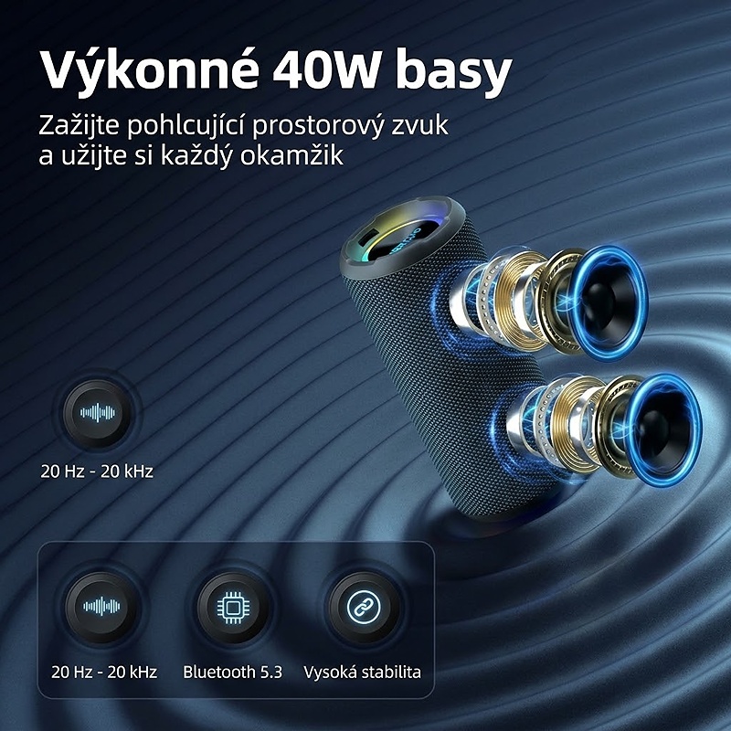 Bezdrátový reproduktor OTZ s výkonem 40W, barva černá, podpora bezdrátového Bluetooth, linkového vstupu AUX 3,5 mm, USB portu i slotu na TF karty, kapacita baterie 6600 mAh, IPX7