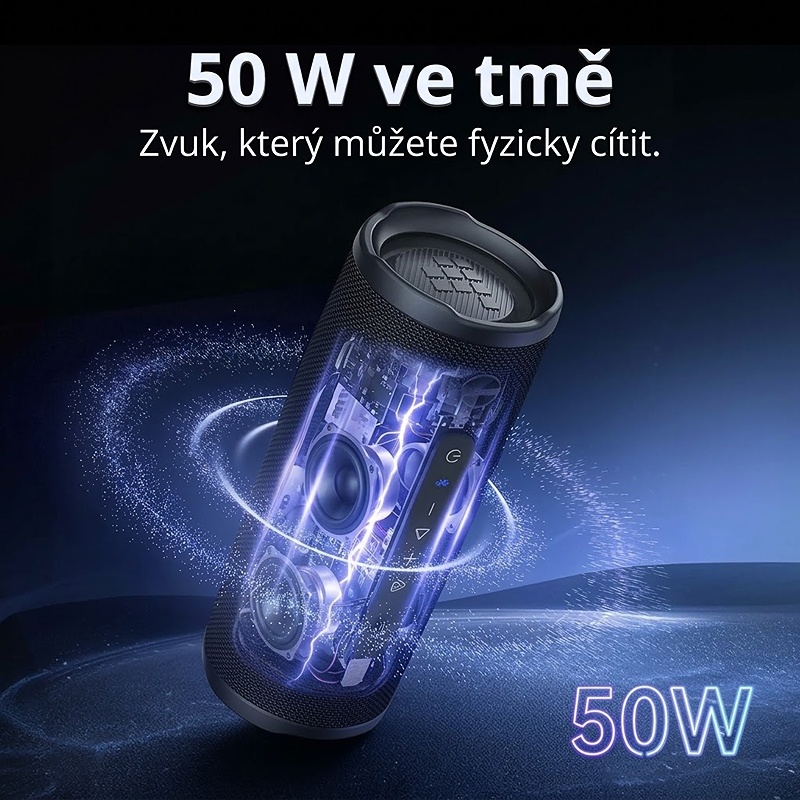 Bezdrátový reproduktor OTZ s výkonem 50W, barva černá, podpora bezdrátového Bluetooth, linkového vstupu AUX 3,5 mm, USB portu i slotu na TF karty, kapacita baterie 5200 mAh, IPX7